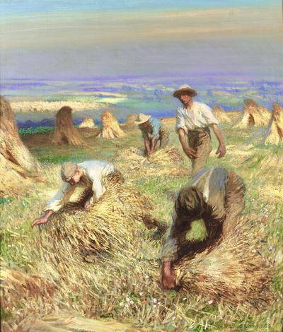 Sir George Clausen, R.A., R.W.S., Harvest, Tying the Sheaves